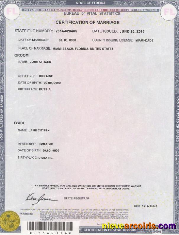 USA Florida state marriage certificate